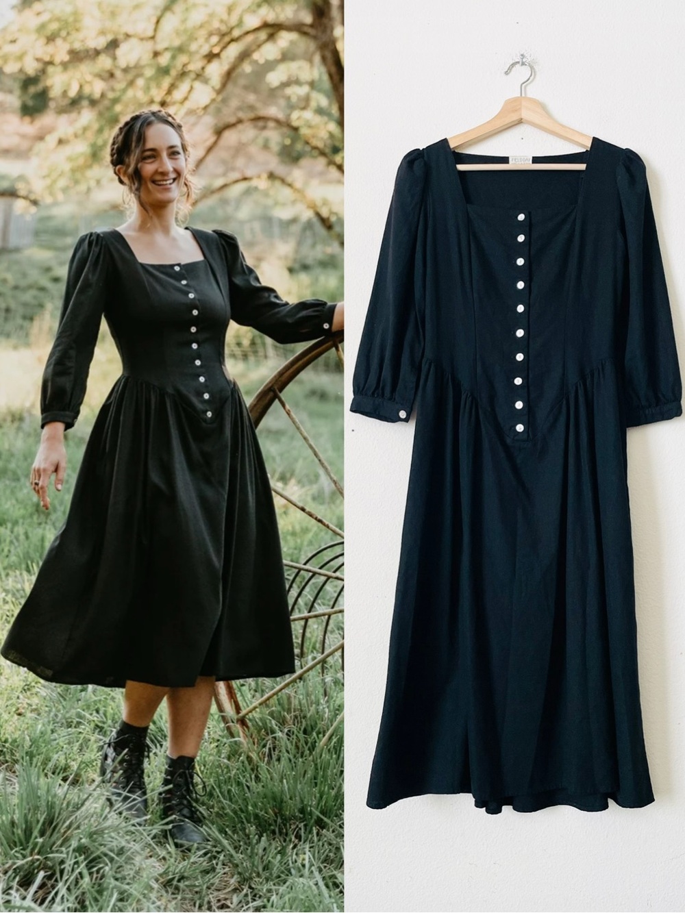 Field Day SMALL Prairie 3/4 sleeve midi dress in black linen